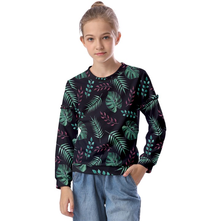 Abstract-seamless-pattern-with-tropical-leaves-hand-draw-texture-vector Kids  Long Sleeve T-Shirt with Frill 