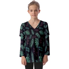 Abstract-seamless-pattern-with-tropical-leaves-hand-draw-texture-vector Kids  V Neck Casual Top by Amaryn4rt