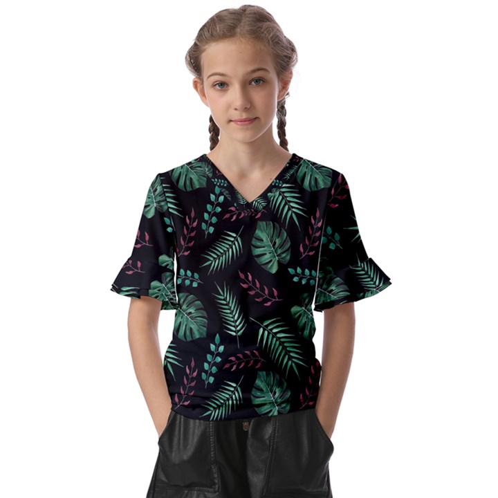 Abstract-seamless-pattern-with-tropical-leaves-hand-draw-texture-vector Kids  V-Neck Horn Sleeve Blouse