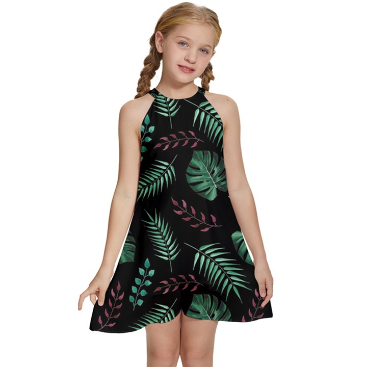 Abstract-seamless-pattern-with-tropical-leaves-hand-draw-texture-vector Kids  Halter Collar Waist Tie Chiffon Dress