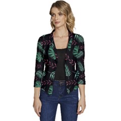 Abstract-seamless-pattern-with-tropical-leaves-hand-draw-texture-vector Women s Casual 3/4 Sleeve Spring Jacket by Amaryn4rt