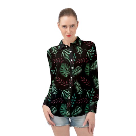 Abstract-seamless-pattern-with-tropical-leaves Long Sleeve Chiffon Shirt by Amaryn4rt