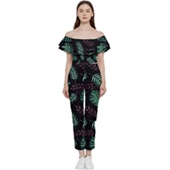 Abstract-seamless-pattern-with-tropical-leaves Bardot Ruffle Jumpsuit by Amaryn4rt