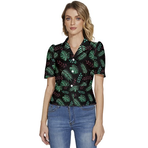 Abstract-seamless-pattern-with-tropical-leaves Puffed Short Sleeve Button Up Jacket by Amaryn4rt