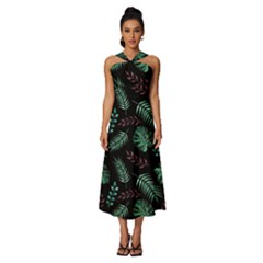 Abstract-seamless-pattern-with-tropical-leaves Sleeveless Cross Front Cocktail Midi Chiffon Dress by Amaryn4rt