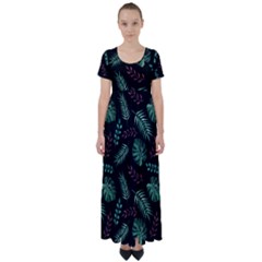 Tropical Leaves Pattern High Waist Short Sleeve Maxi Dress by Amaryn4rt