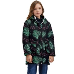 Tropical Leaves Pattern Kids  Hooded Longline Puffer Jacket by Amaryn4rt