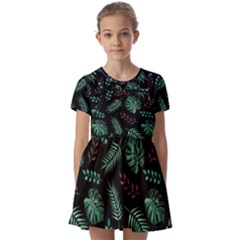 Tropical Leaves Pattern Kids  Short Sleeve Pinafore Style Dress by Amaryn4rt