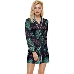 Tropical Leaves Pattern Long Sleeve Satin Robe by Amaryn4rt