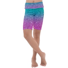 Pink And Turquoise Glitter Kids  Lightweight Velour Cropped Yoga Leggings