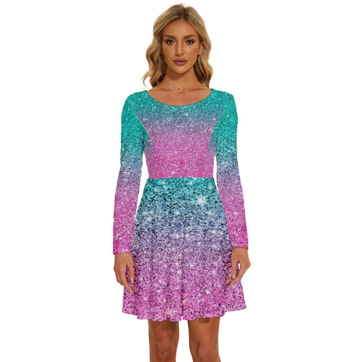 Pink And Turquoise Glitter Long Sleeve Wide Neck Velvet Dress