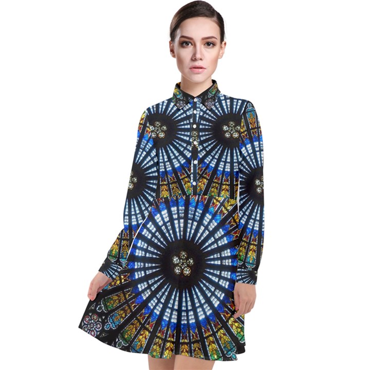 Mandala Floral Wallpaper Rose Window Strasbourg Cathedral France Long Sleeve Chiffon Shirt Dress