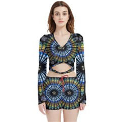 Mandala Floral Wallpaper Rose Window Strasbourg Cathedral France Velvet Wrap Crop Top And Shorts Set by Sarkoni