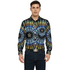 Mandala Floral Wallpaper Rose Window Strasbourg Cathedral France Men s Long Sleeve Pocket Shirt  by Sarkoni