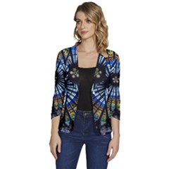 Mandala Floral Wallpaper Rose Window Strasbourg Cathedral France Women s One-button 3/4 Sleeve Short Jacket by Sarkoni