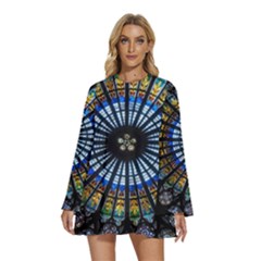 Mandala Floral Wallpaper Rose Window Strasbourg Cathedral France Round Neck Long Sleeve Bohemian Style Chiffon Mini Dress by Sarkoni