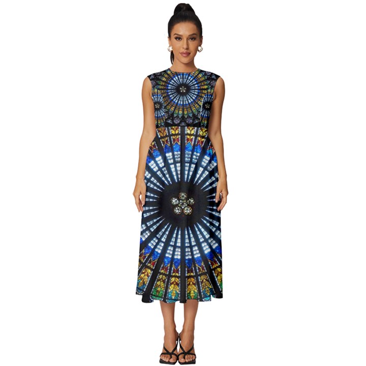 Mandala Floral Wallpaper Rose Window Strasbourg Cathedral France Sleeveless Round Neck Midi Dress