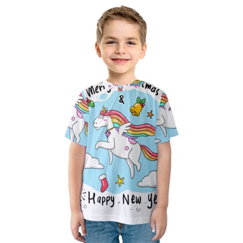 Merry Christmas Xmas Doodle Sketch Cartoon Unicorn Kids  Sport Mesh T-shirt by Pakjumat