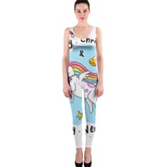 Merry Christmas Xmas Doodle Sketch Cartoon Unicorn One Piece Catsuit by Pakjumat