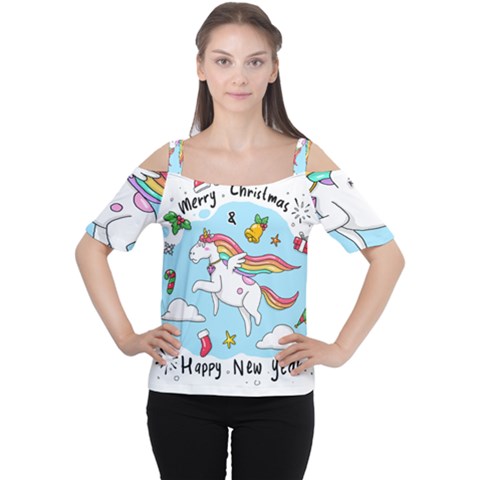 Merry Christmas Xmas Doodle Sketch Cartoon Unicorn Cutout Shoulder T-shirt by Pakjumat