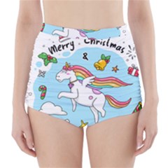 Merry Christmas Xmas Doodle Sketch Cartoon Unicorn High-waisted Bikini Bottoms by Pakjumat