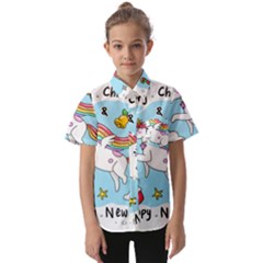 Merry Christmas Xmas Doodle Sketch Cartoon Unicorn Kids  Short Sleeve Shirt by Pakjumat