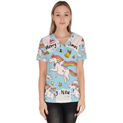 Merry Christmas Xmas Doodle Sketch Cartoon Unicorn Women s V-neck Scrub Top by Pakjumat