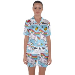 Merry Christmas Xmas Doodle Sketch Cartoon Unicorn Satin Short Sleeve Pajamas Set by Pakjumat