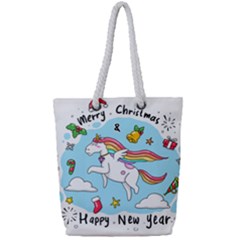 Merry Christmas Xmas Doodle Sketch Cartoon Unicorn Full Print Rope Handle Tote (small) by Pakjumat