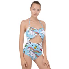 Merry Christmas Xmas Doodle Sketch Cartoon Unicorn Scallop Top Cut Out Swimsuit by Pakjumat