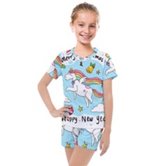 Merry Christmas Xmas Doodle Sketch Cartoon Unicorn Kids  Mesh T-shirt And Shorts Set