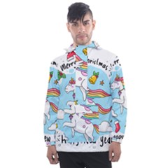 Merry Christmas Xmas Doodle Sketch Cartoon Unicorn Men s Front Pocket Pullover Windbreaker by Pakjumat