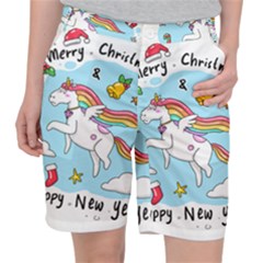 Merry Christmas Xmas Doodle Sketch Cartoon Unicorn Women s Pocket Shorts by Pakjumat