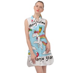 Merry Christmas Xmas Doodle Sketch Cartoon Unicorn Sleeveless Shirt Dress by Pakjumat