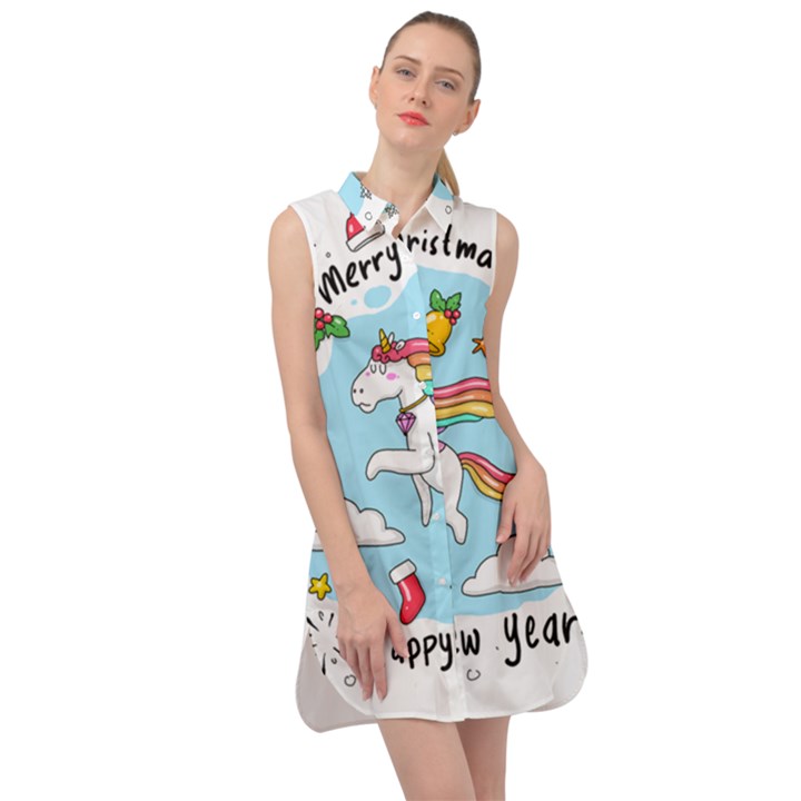 Merry Christmas Xmas Doodle Sketch Cartoon Unicorn Sleeveless Shirt Dress