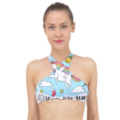 Merry Christmas Xmas Doodle Sketch Cartoon Unicorn High Neck Bikini Top by Pakjumat