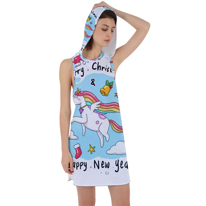 Merry Christmas Xmas Doodle Sketch Cartoon Unicorn Racer Back Hoodie Dress