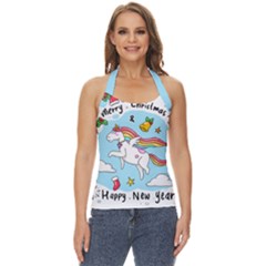 Merry Christmas Xmas Doodle Sketch Cartoon Unicorn Basic Halter Top by Pakjumat