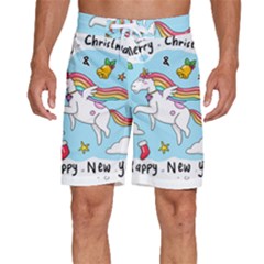 Merry Christmas Xmas Doodle Sketch Cartoon Unicorn Men s Beach Shorts