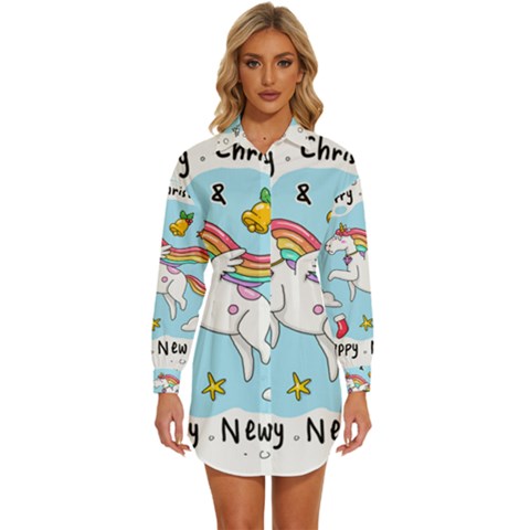 Merry Christmas Xmas Doodle Sketch Cartoon Unicorn Womens Long Sleeve Shirt Dress by Pakjumat