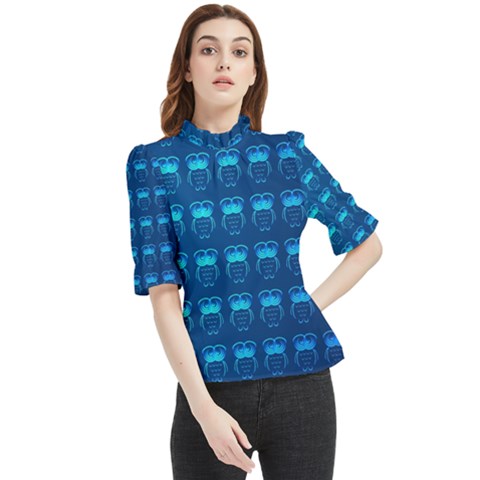 Bird Pattern Owl Drawing Frill Neck Blouse by Pakjumat