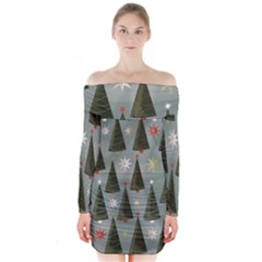 Christmas Trees Pattern Wallpaper Long Sleeve Off Shoulder Dress by Pakjumat