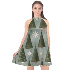 Christmas Trees Pattern Wallpaper Halter Neckline Chiffon Dress  by Pakjumat