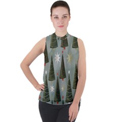 Christmas Trees Pattern Wallpaper Mock Neck Chiffon Sleeveless Top by Pakjumat