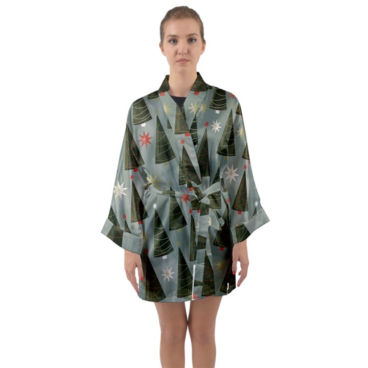 Christmas Trees Pattern Wallpaper Long Sleeve Satin Kimono