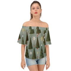 Christmas Trees Pattern Wallpaper Off Shoulder Short Sleeve Top by Pakjumat