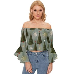 Christmas Trees Pattern Wallpaper Off Shoulder Flutter Bell Sleeve Top by Pakjumat