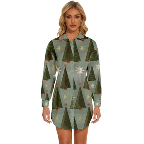 Christmas Trees Pattern Wallpaper Womens Long Sleeve Shirt Dress by Pakjumat