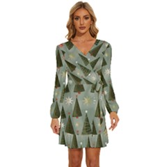 Christmas Trees Pattern Wallpaper Long Sleeve Waist Tie Ruffle Velvet Dress by Pakjumat