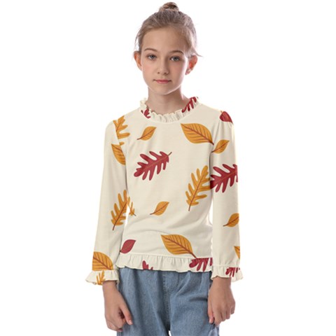 Leaves Autumn Fall Background Kids  Frill Detail T-shirt by Pakjumat